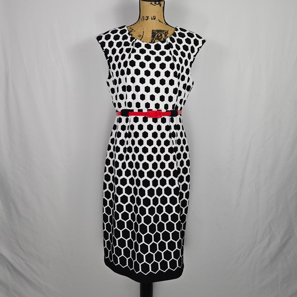 Connected Apparel Womens Sheath Dress 14 Geometric Retro Mod Belted Black White